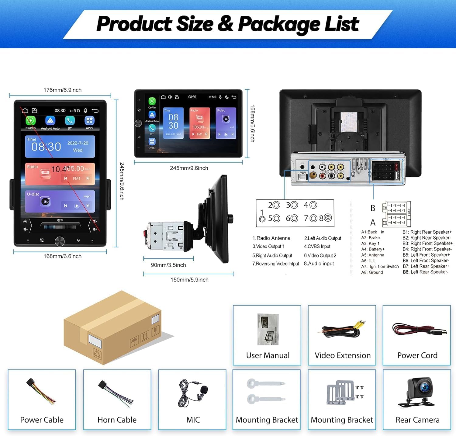 Package contents of SIXTOP car stereo including main unit, cables, camera, microphone, and mounting brackets.