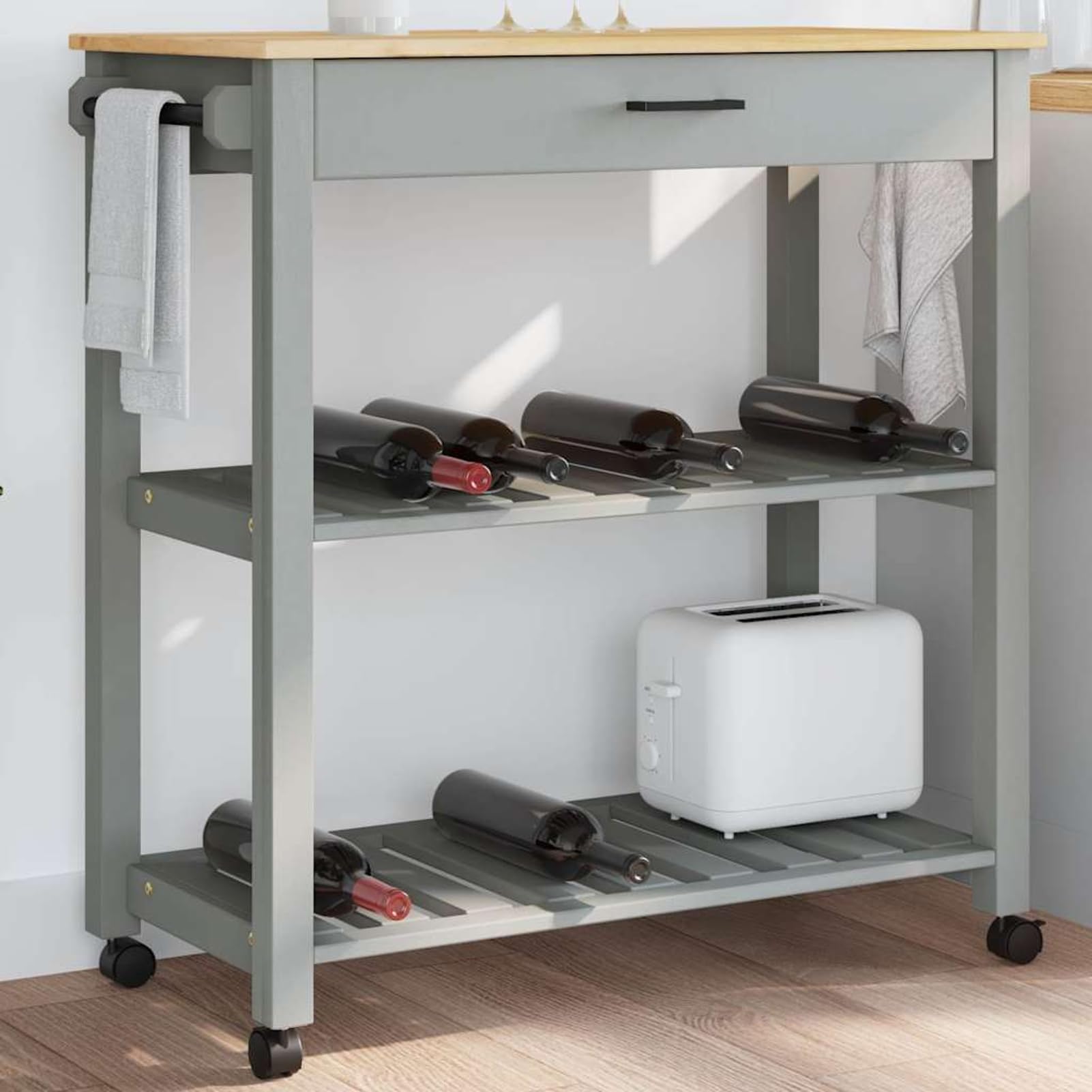 Carrello da Cucina Monza 84x40x88,5 cm in Legno Massello di Pino