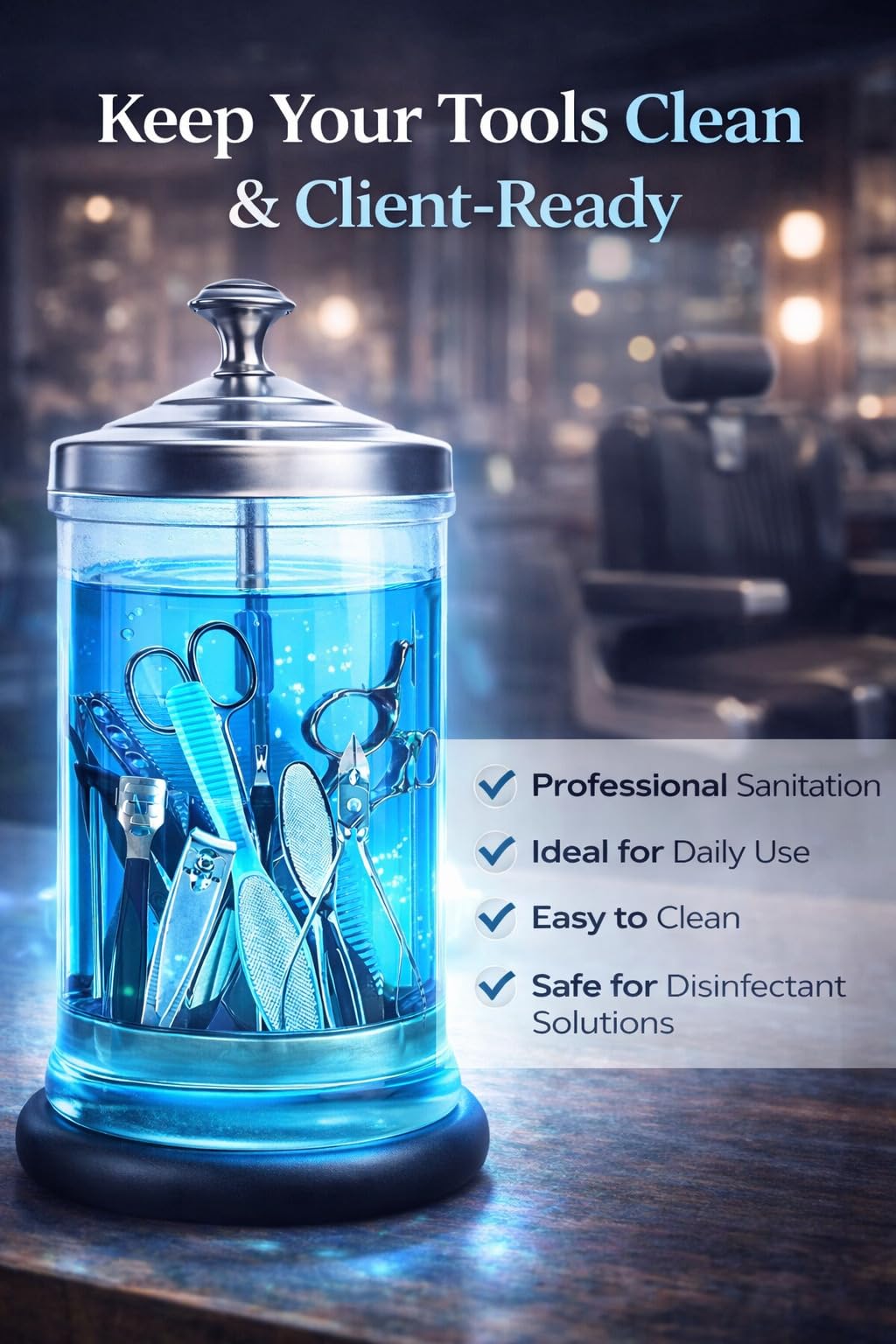 Petit pot désinfectant en verre pour barbiers et salons – Pot de stérilisateur professionnel pour fournitures de barbier et outils à ongles – 621 ml