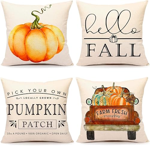 4TH Emotion Juego de 4 fundas de almohada decorativas de otoño de 20 x 20 pulgadas, diseño de calabaza naranja para decoración de casa de campo,