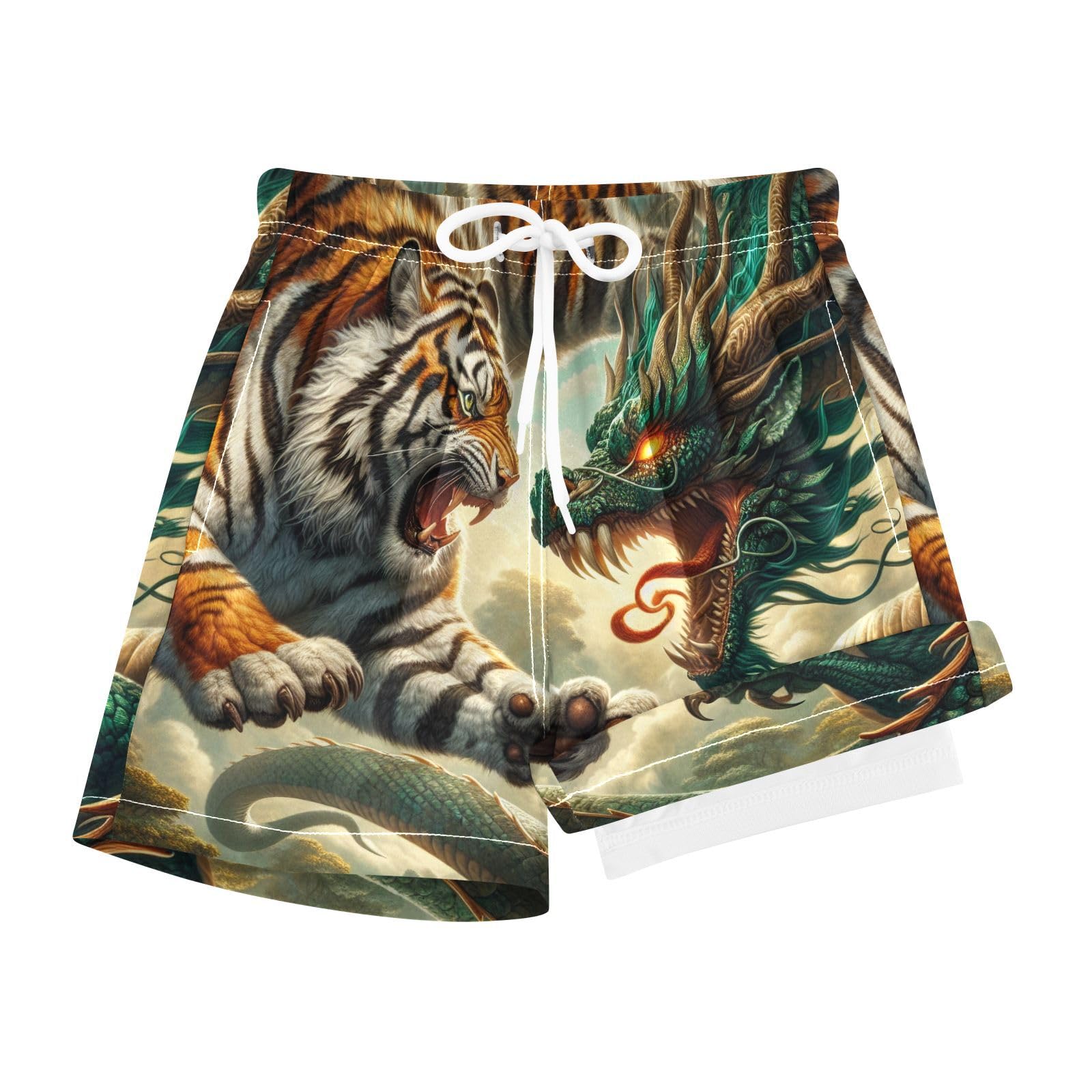 YANENDIE Boy Swim Trunks with Compression Liner Tiger and Dragon Doing Battle Boys Swim Shorts Quick Dry Beach Shorts