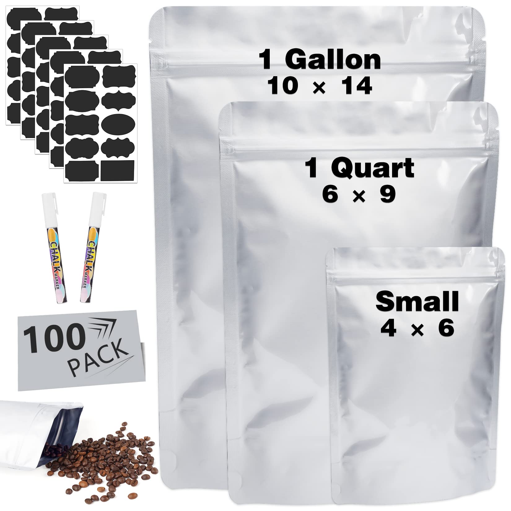 100 PC 6''x9'' 4''x6'' 10''x14" Mylar Bags for Food Storage, Small