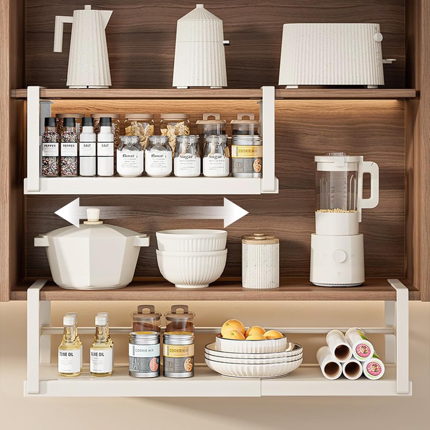 Aupekro 2 Pack Under Shelf Storage Basket Organizer, Adjustable Hanging Under Cabinet Shelf Add-on Storage Racks Slide-in Baskets Organizer for Laundry Room Kitchen Pantry (Milky White)