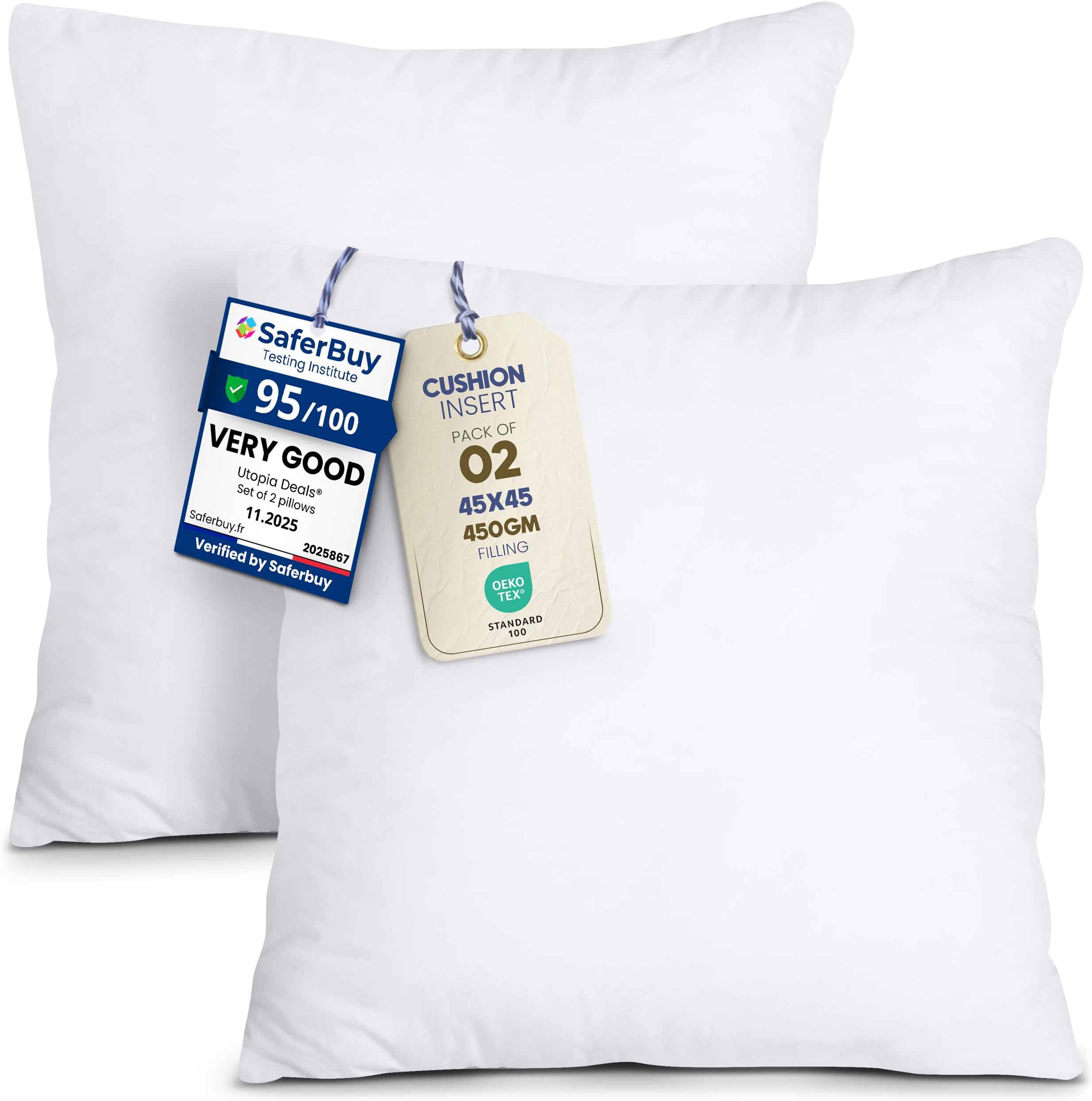 Utopia Bedding Cushion Inserts 45cm x 45cm (18x18 inch) Pack of 2 Hollowfibre Inner Pads for Sofa or Bed – White Cushion Fillers