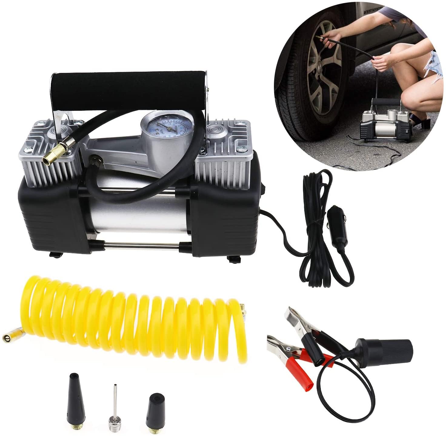 Compresor de Aire Portátil 12V 150PSI para Coche Doble Cilindro 85 L/min Inflador Neumáticos Turismo 4x4 Moto