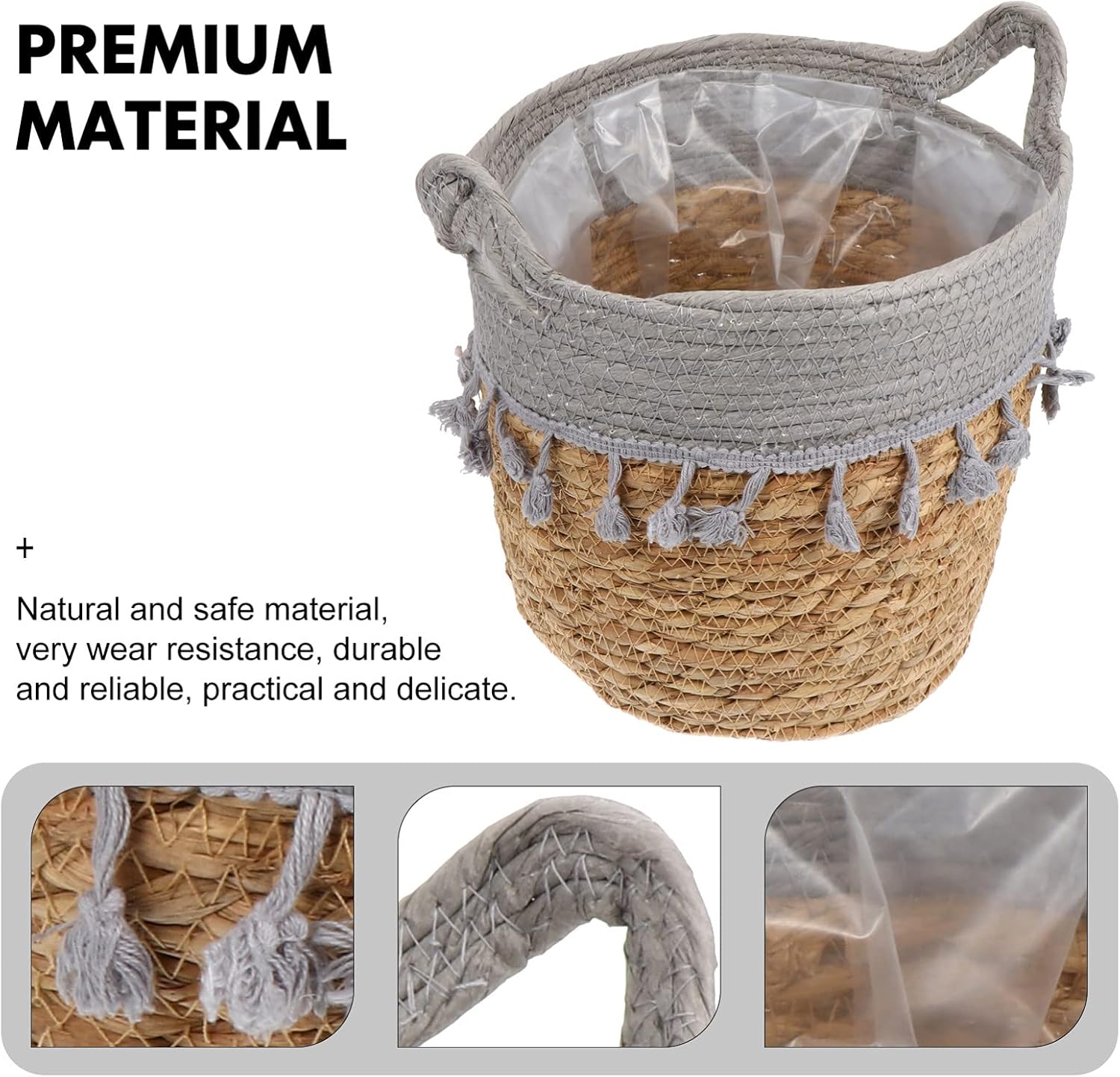 ERINGOGO 10 Inches Seagrass Plant Basket, Floor Flower Pot Woven Planter with Plastic Liner, Cotton Handle, Plant Pots Cover, Storage Basket for Indoor Plants, Home Decor