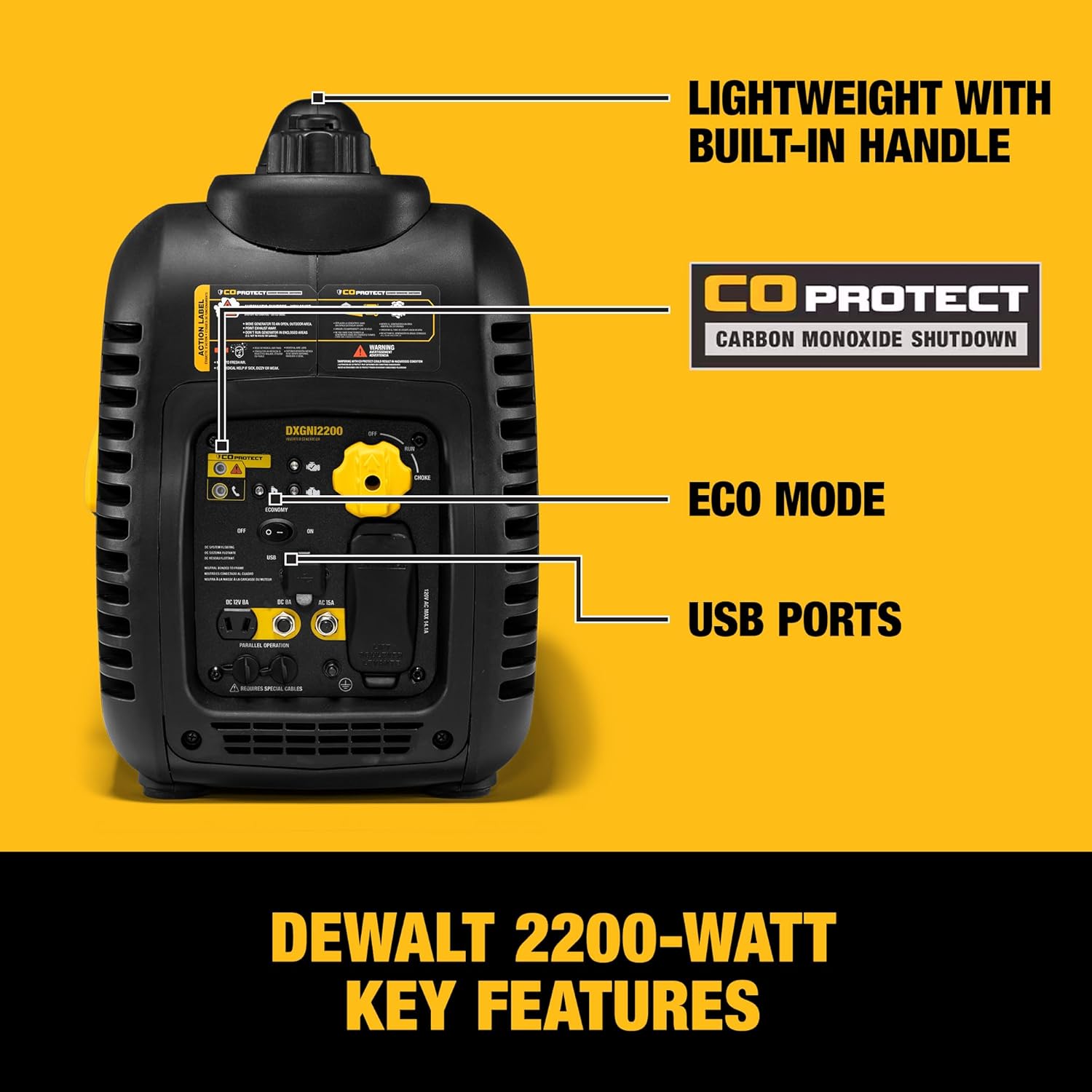 Key features of the DEWALT 2,500-Watt Inverter Generator, including handle, CO Protect, Eco Mode, and USB ports