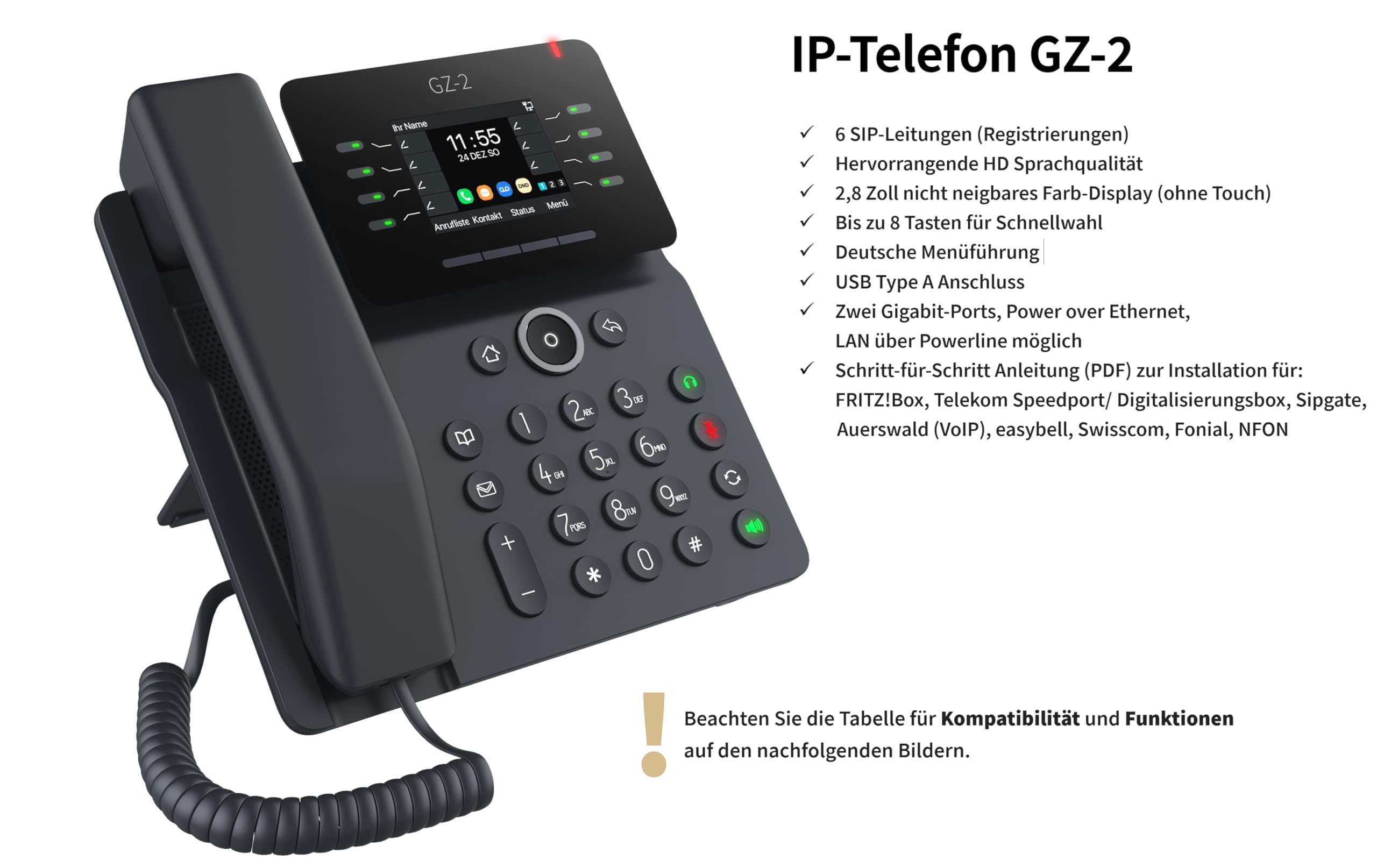 GEQUDIO GZ-2 IP Telefon VoIP mit Netzteil für FritzBox, Telekom Speedport | VoIP SIP Tischtelefon, Sipgate, Farbdisplay, Freisprechen, USB Schwarz