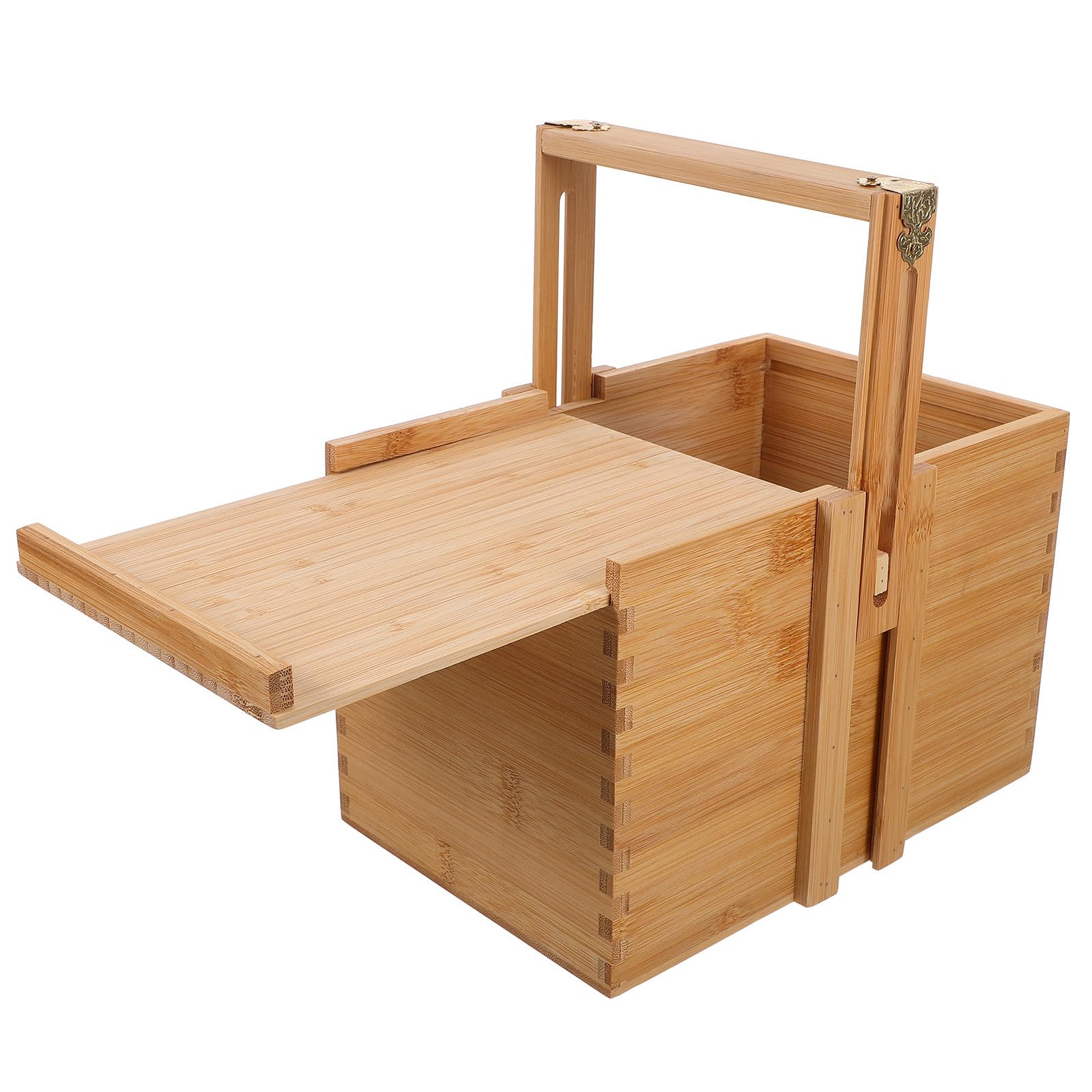 Cesta de Bambú Asa Ajustable para Picnic y Almacenamiento, Caja de Madera para Guardar Postres y Té, Diseño Sencillo y Fácil de Transportar para Uso Familiar
