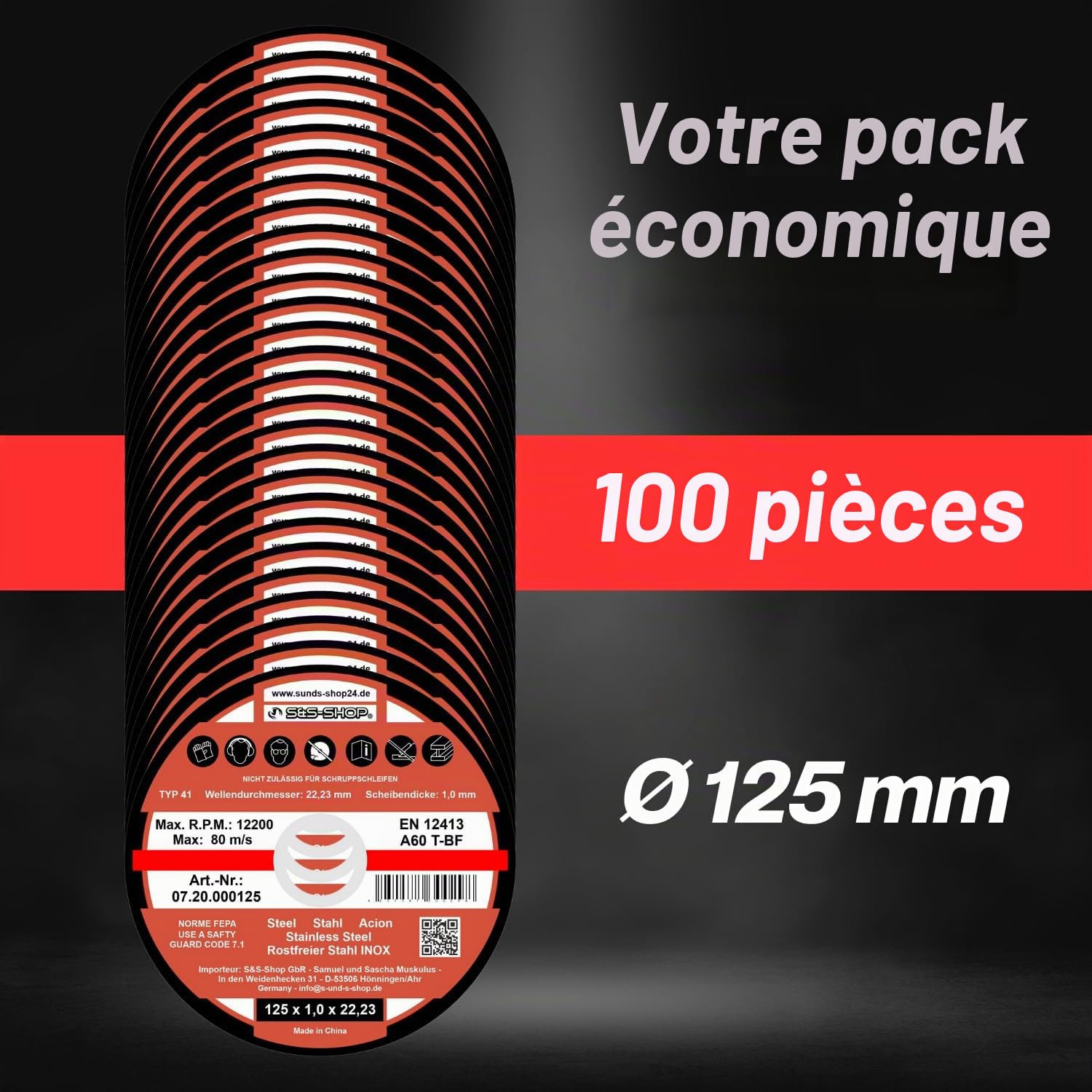 Lot de 100 disques à tronçonner Ø 125 mm x 1,0 mm, INOX, extra fins, pour métal, acier inoxydable, acier, meuleuse d'angle 125, disque à tronçonner 125 pour métal 1 mm, accessoires pour meuleuse à
