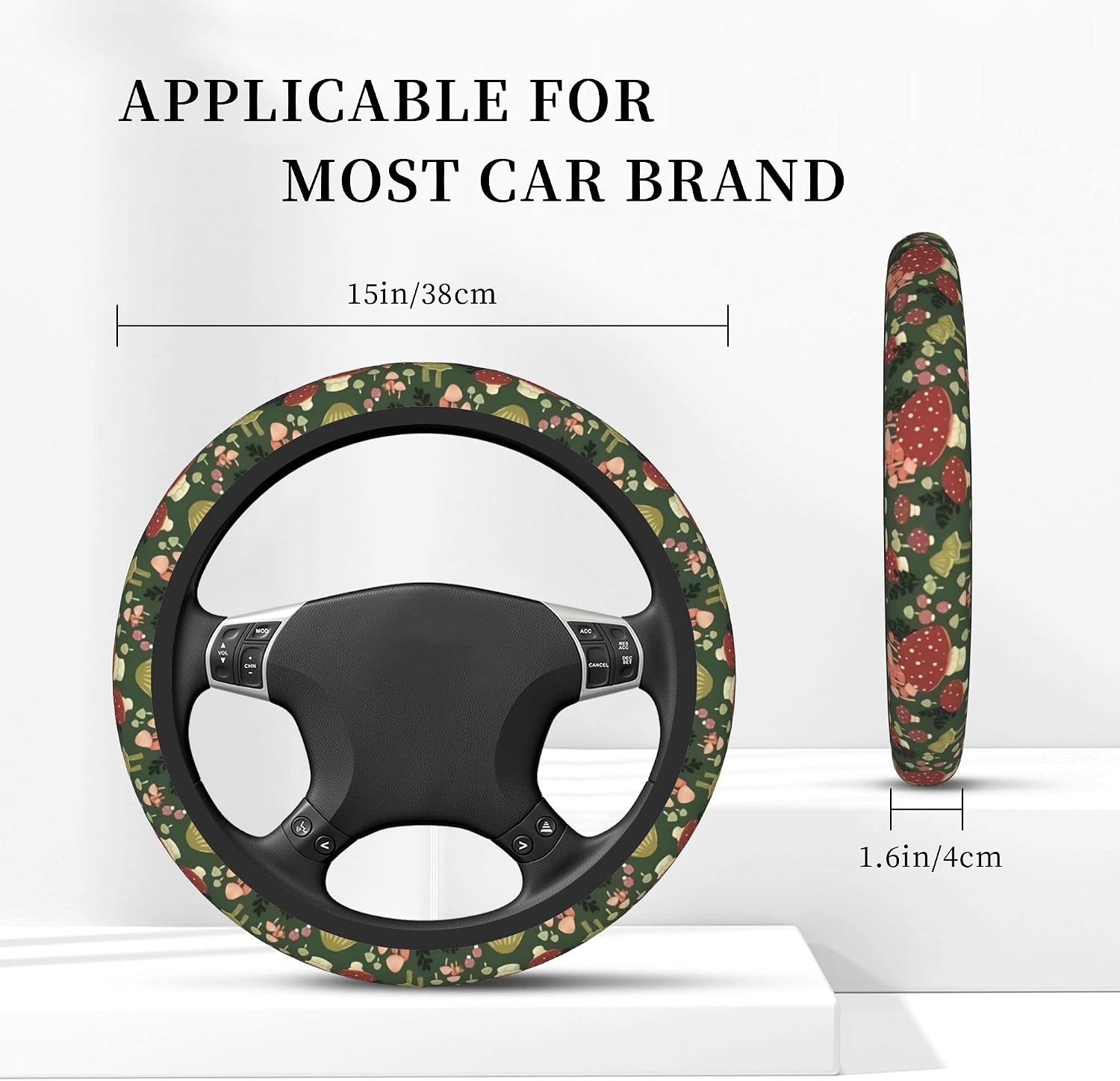Green Mushrooms Steering Wheel Cover for Women Men Girls, Universal 15 Inch Anti Slip Steering Wheel Protector Car Accessories Interior for Auto Truck SUV