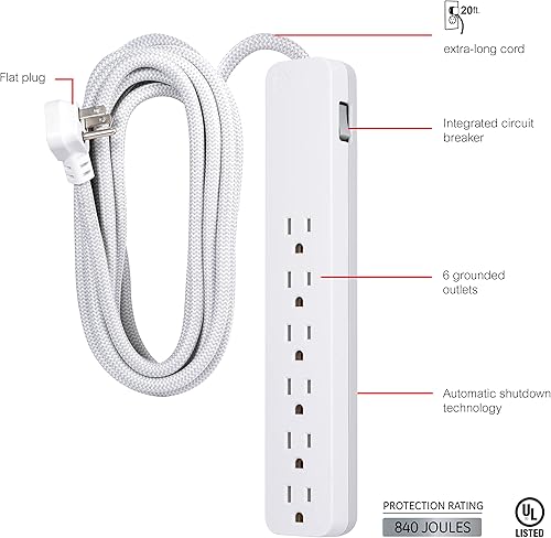 Miniatura 8 de GE 62940 Protector de sobretensión, cable de extensión de 20 pies, 840 julios, enchufe plano, certificación UL, blanco