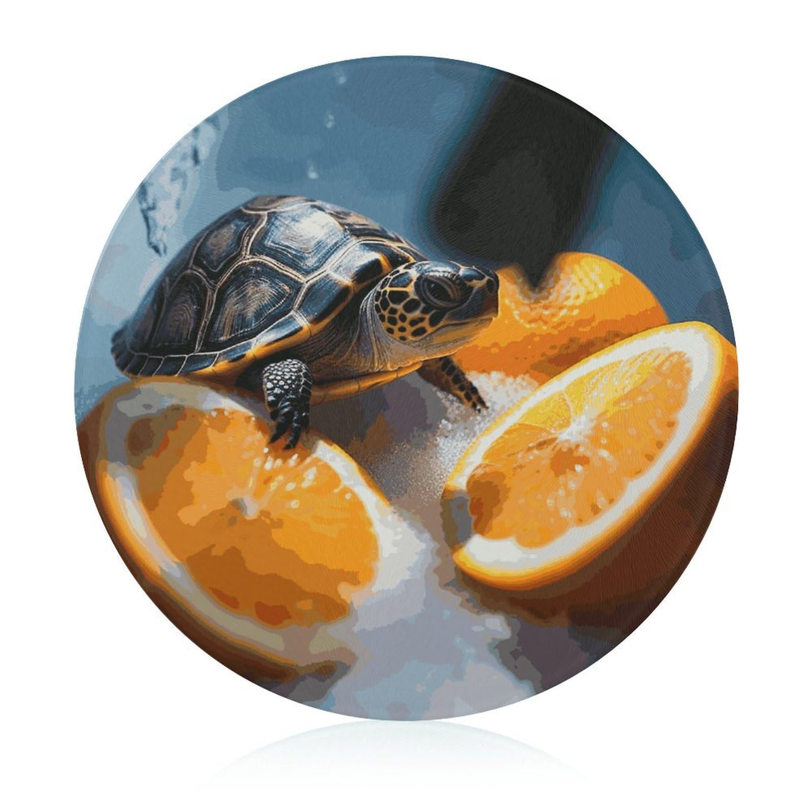Planche à découper en verre de cuisine motif tortues et oranges pour plan de travail résistant
