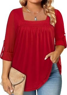 Womens Plus Size Tops Loose Fit 3/4 Ruffle Sleeve Blouses Square Neck T Shirt Casual Tunic Tops(1X-5X)