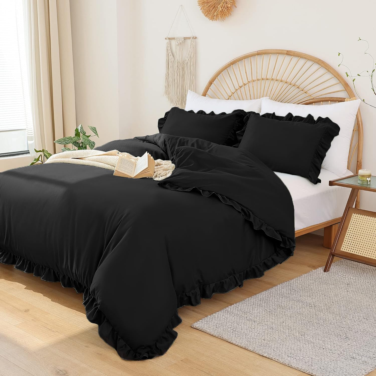 Rüschen Bettwäsche 135x200 4teilig Schwarz Uni Romantische Rüschenbettwäsche Set Einzelbett Weich Bettbezug Mikrofaser 2 Deckenbezug mit 2 Kissenbezug 80x80 cm Reißverschluss
