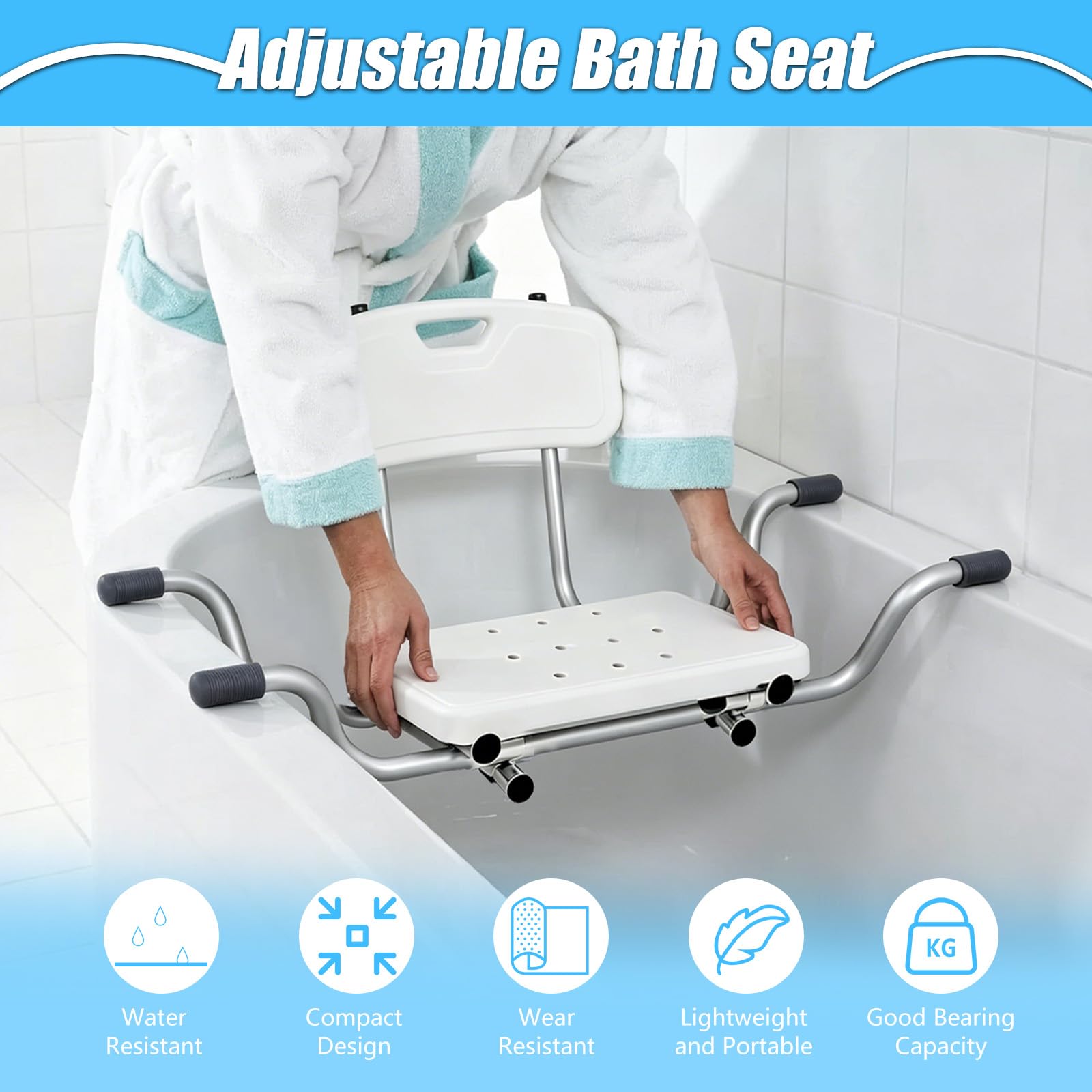 Asiento de bañera con Respaldo, Asiento de Ducha Banco de Ducha para bañera, Tablas de bañera Extensibles de 72-82cm, Extensible Blanco, Capacidad de Carga 136 kg Asiento de bañera (B)