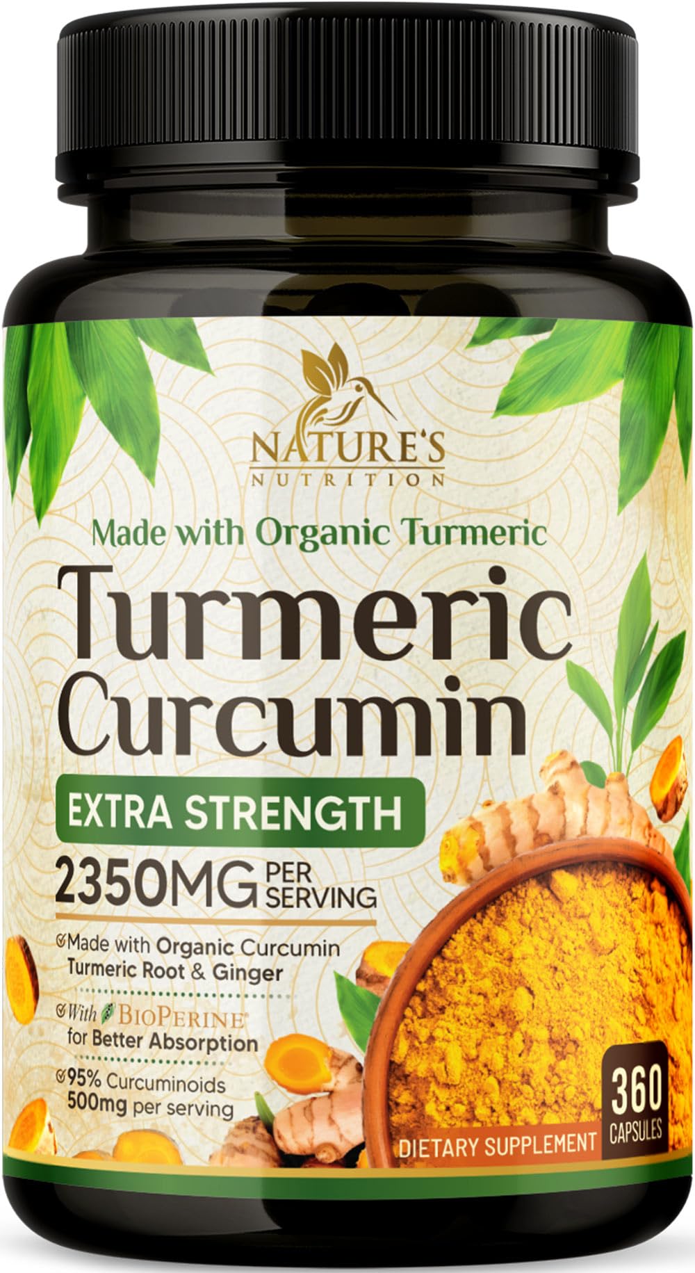 Turmeric Curcumin Supplement 2350mg - 95% Curcuminoids with Organic Turmeric & Ginger, BioPerine Black Pepper for Best Absorption, Nature's Vegan Joint Support, Non-GMO, Bottled in USA - 360 Capsules 360 Count (Pack of 1)