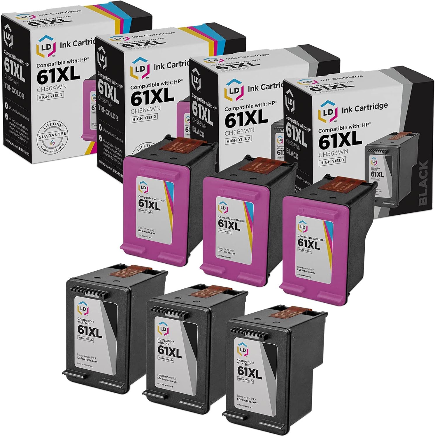 LD Remanufactured Ink Cartridge Replacements for HP 61XL High Yield (3 Black, 3 Color, 6-Pack) Compatible w DeskJet 1000 1010 1012 1050 1055 1510 2050 2540 2544 3000 3052A 3052A-J611f and More