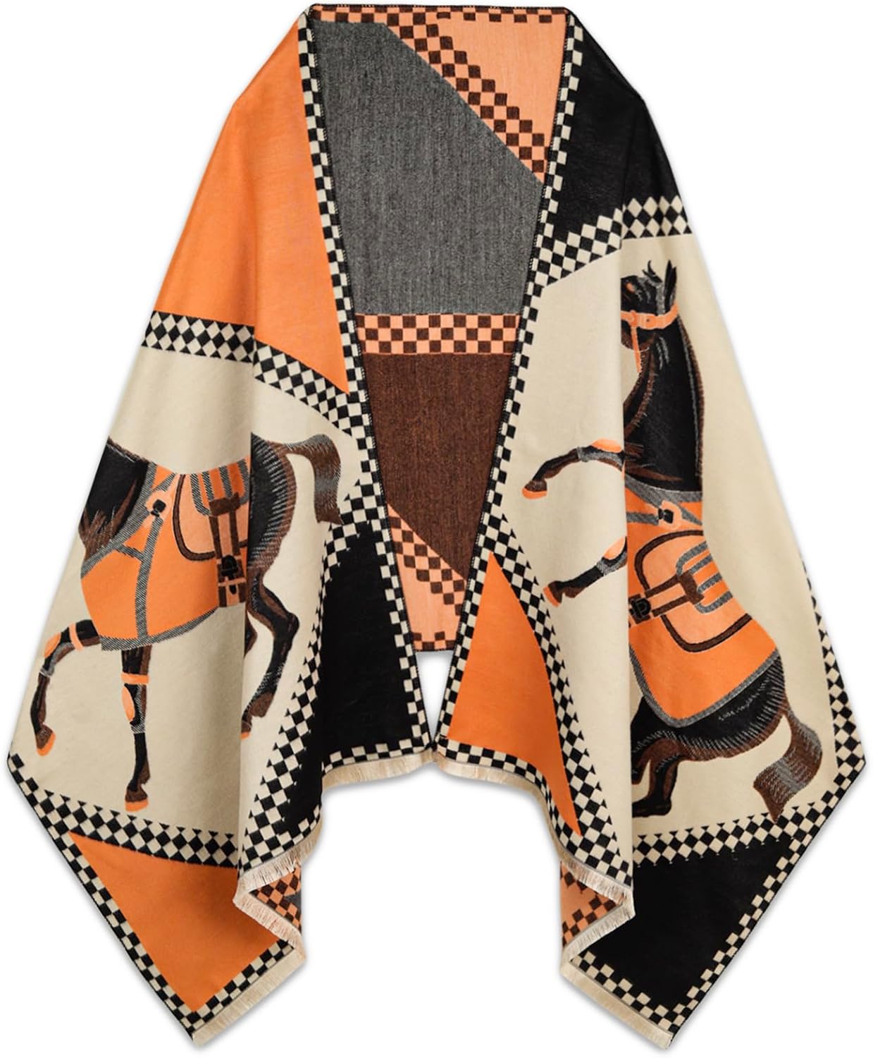 EXTREE Scarfs for Women Pashmina Silky Shawl Wrap for Evening Dressing Blanket Open Front Poncho Cape, Petite, Aae-milk Yellow-orange-horse
