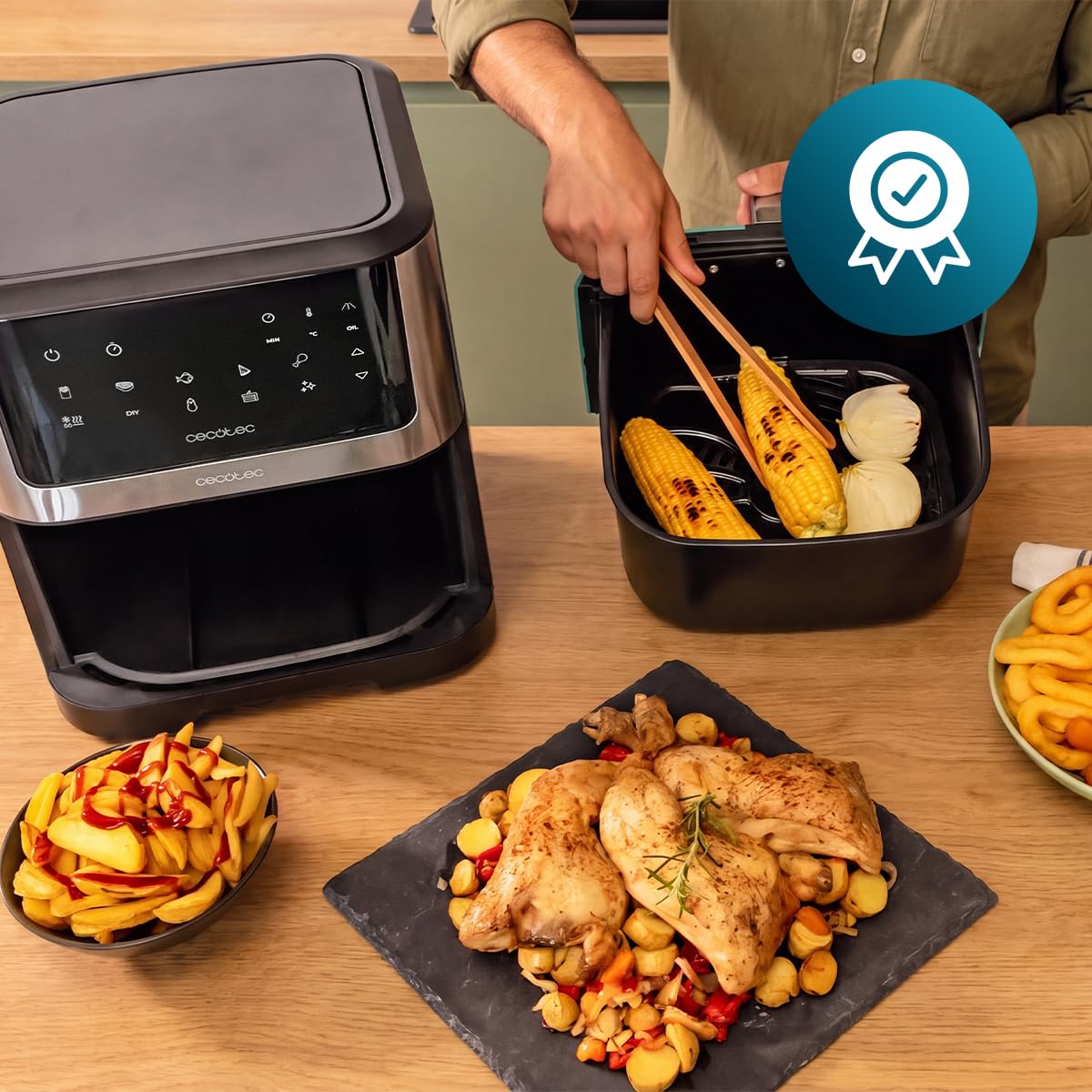 Cecotec Frytkownica na gorące powietrze Cecofry Supreme 8000 Hot. pojemność 8 l, 1800 W, konstrukcja ze stali nierdzewnej, sterowanie dotykowe, 10 programów, 30-200 stopni, funkcja Pre-Heat i
