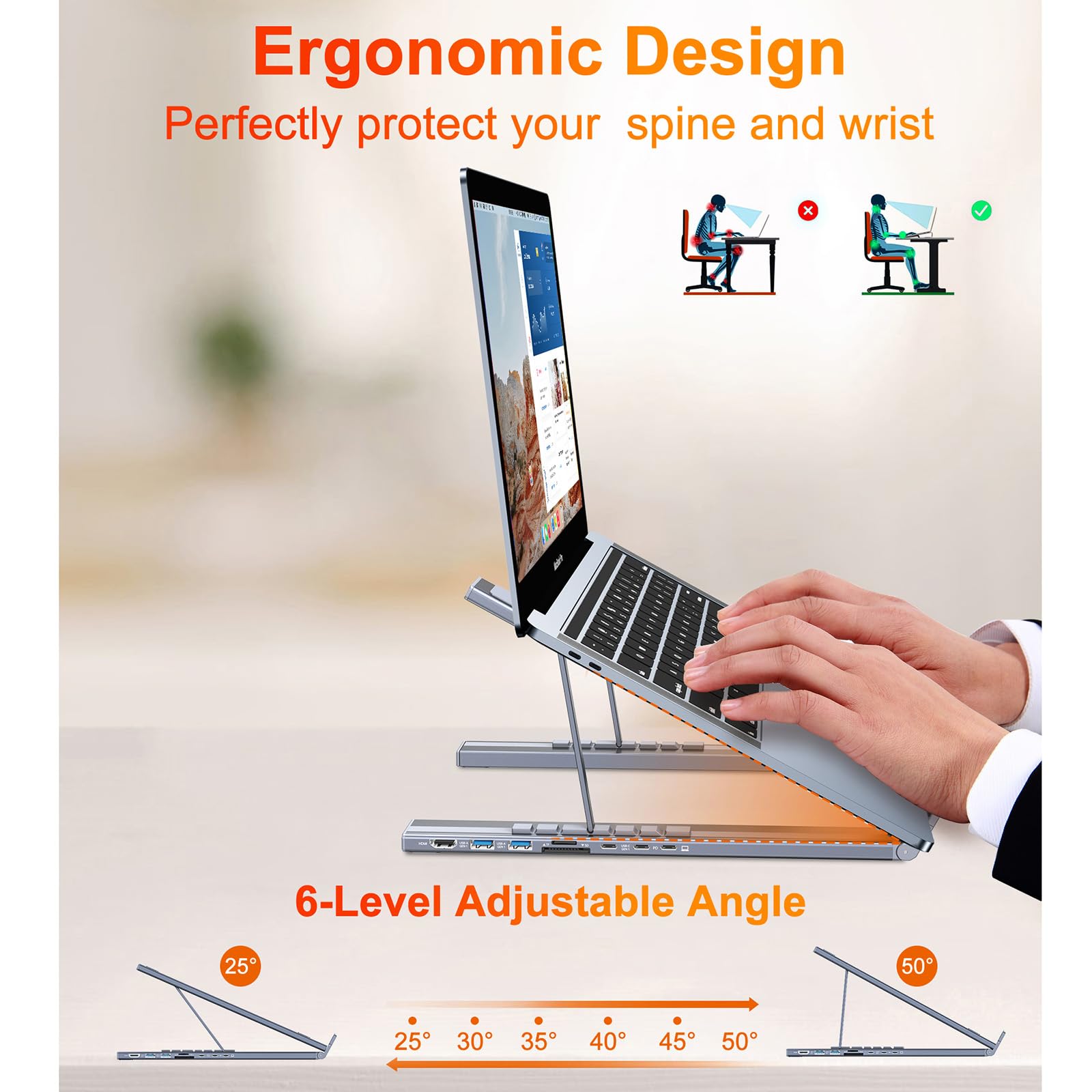 Supporto pieghevole per laptop in lega di alluminio per scrivania, tablet pieghevoli portatili Supporto di espansione multi-interfaccia Regolazione multi-angolo Design ergonomico Staffa di