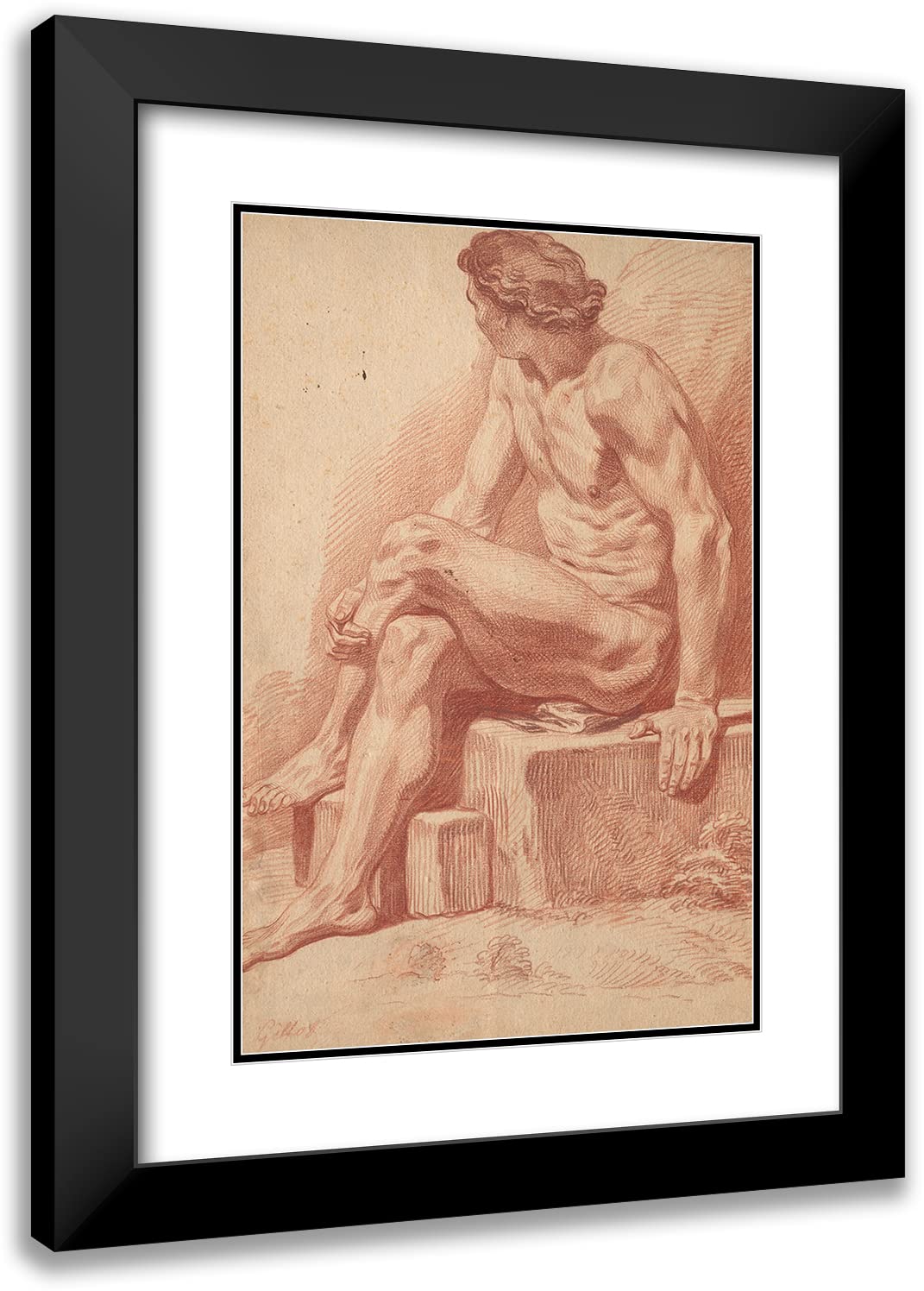 ArtDirect Claude Gillot 13x18 Black Modern Frame and Double Matted Museum Art Print Titled - Seated Male Nude (1693-1695)