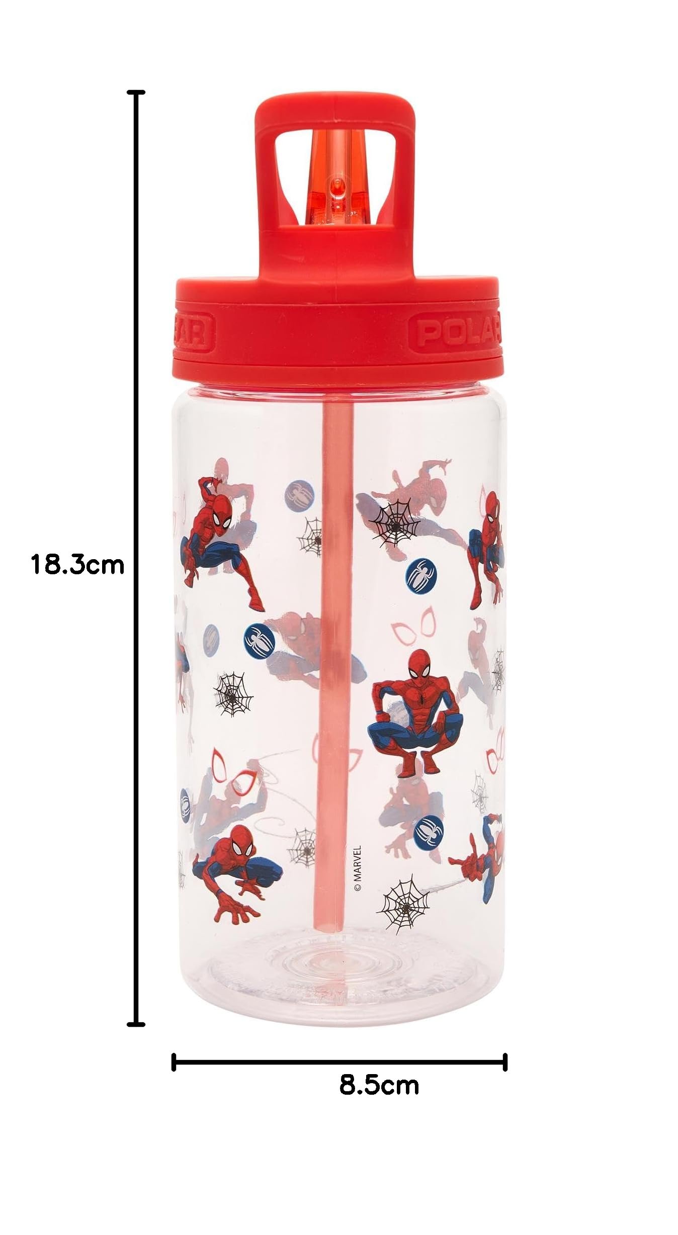 Marvel Spiderman - Botellas de agua para niños con pajilla, 400 ml, sin BPA, botella de agua de Spider-Man totalmente reciclable con asa de transporte, botella de agua escolar con popote extraíble