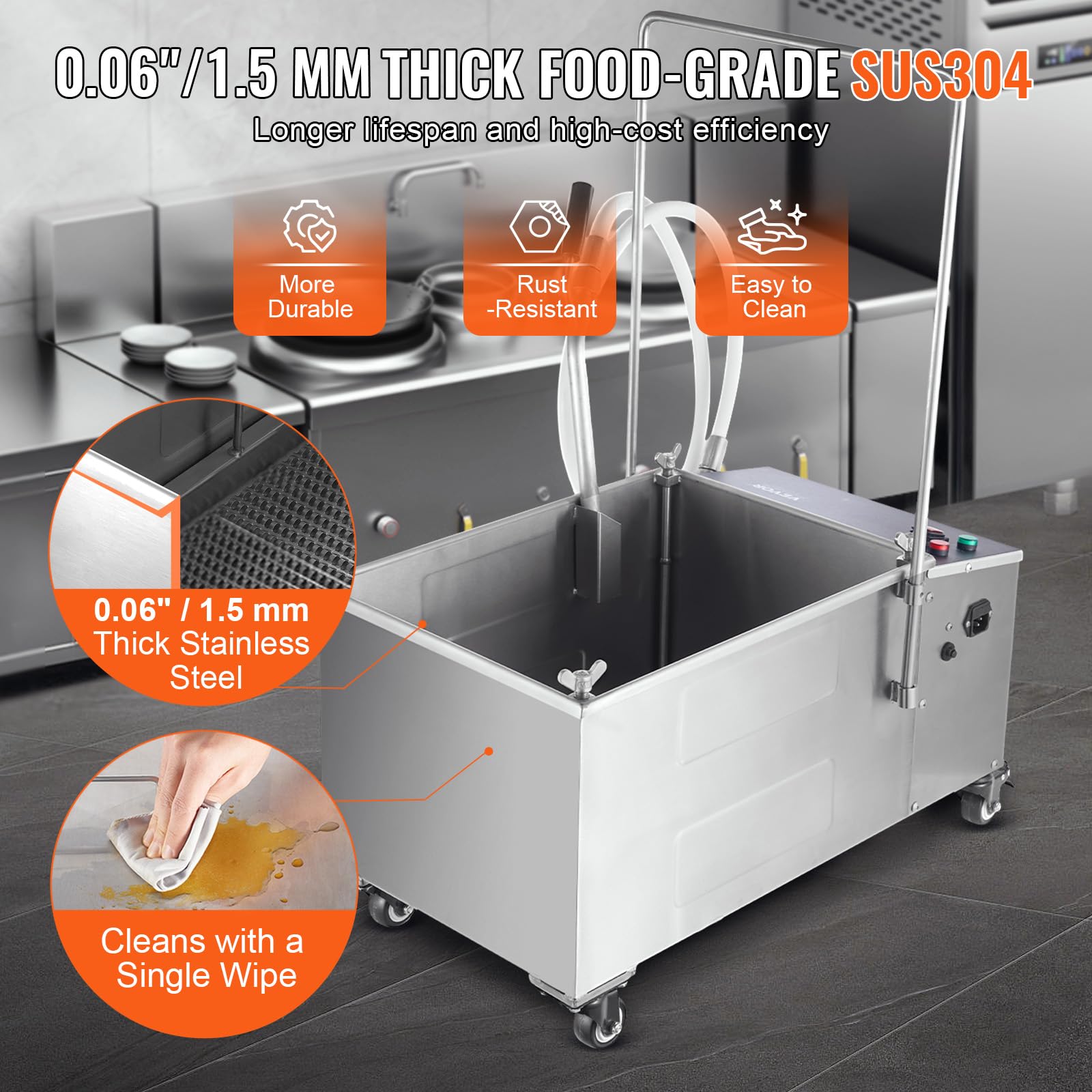 VEVOR Système de Filtration des Huiles de Friture Réservoir de 38 L Filtre à Huile pour Friteuse Vitesse 10 L/min Mobile avec Roulettes et Tuyau Machine à Filtrer Huile Usagée pour Restaurants Stands