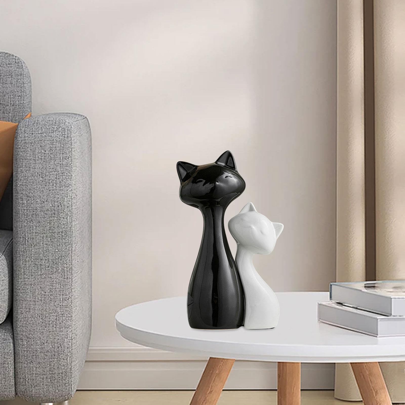Coppia di Gatti Moderni in Ceramica Decorazione per Casa Scultura Astratta Statuina Collezionabile Adatta per Ufficio Soggiorno, L Black S White