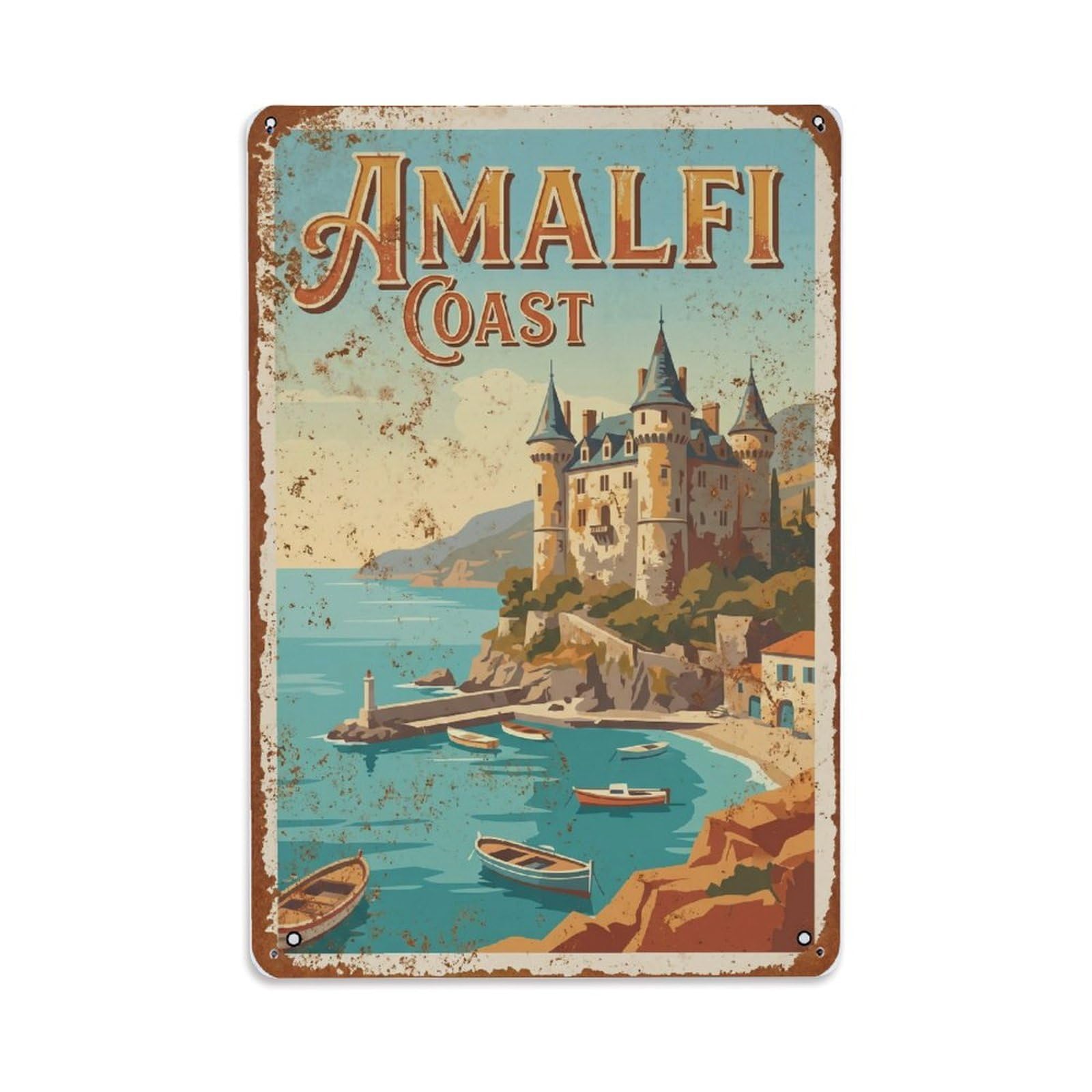 Vintage Travel Chateau Italy Seaside Metal Tin Sign Plaque Wall Decor for Cafe, Club Bar, Office, Home Garden Metal Poster 8x12Inch