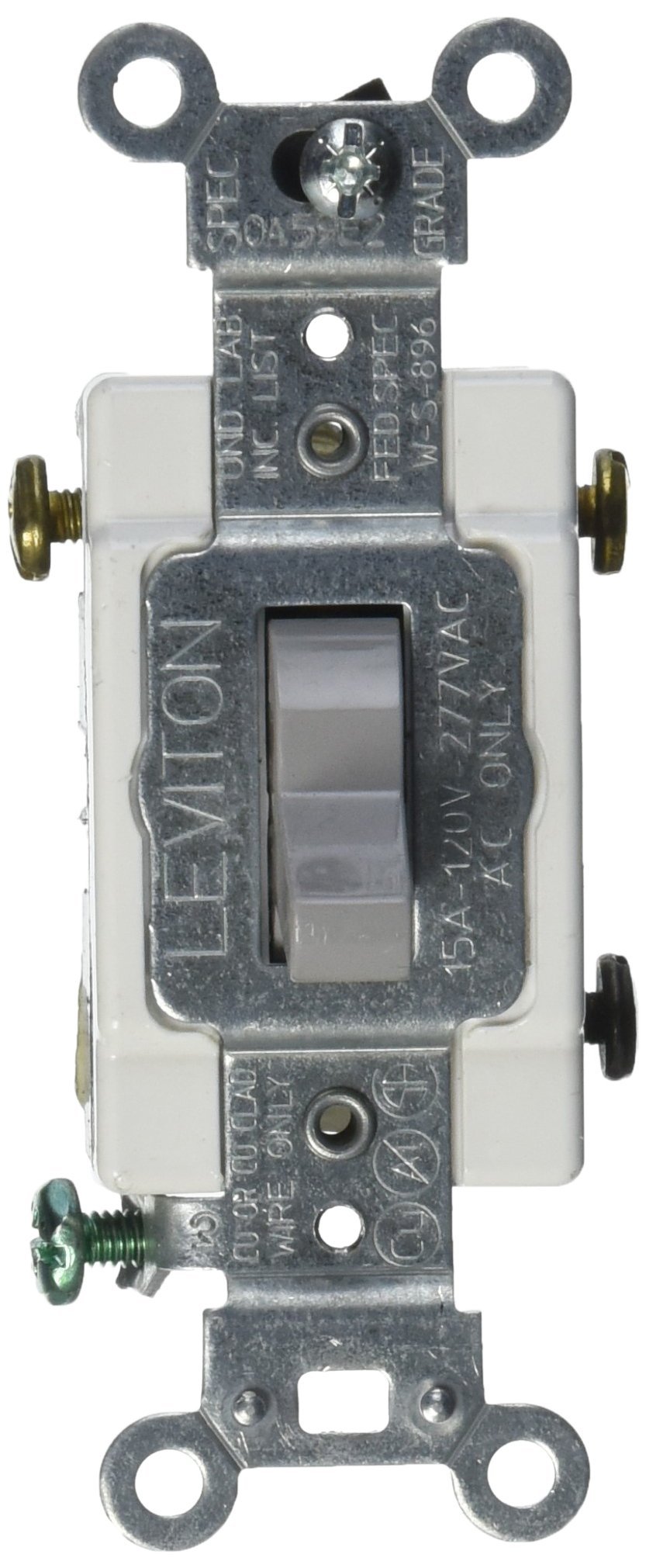 Leviton 15-Amp, 120/277-Volt, Toggle 3-Way AC Quiet Switch, Commercial Grade, Grounding, CS315-2GY, Gray