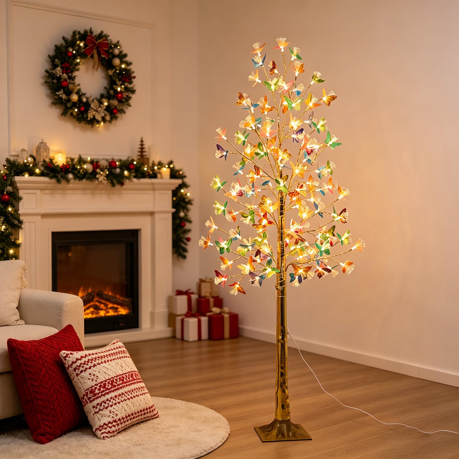 Arbre lumineux d'intérieur 180 cm, arbre LED avec 96 fleurs et lumière chaude, plante artificielle avec éclairage, sapin de Noël avec prise et câble, lampe décorative d'intérieur et d'extérieur