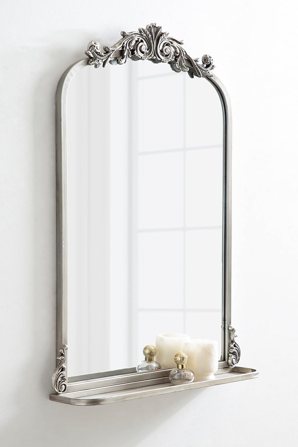 Kate and Laurel Arendahl Traditional Vintage Arch Mirror with Shelf, 21 x 32, Silver, Baroque Antique Arched Wall Mirror with Functional Shelf and Ornate Frame