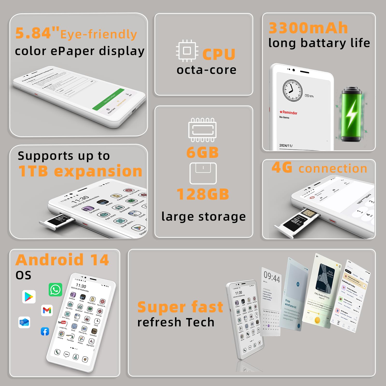 Bigme HiBreakS kolorowy elektroniczny papier na telefon komórkowy 5,84 cala kolorowy czytnik e-booków z systemem Android 14 OS, 6G + 128 GB