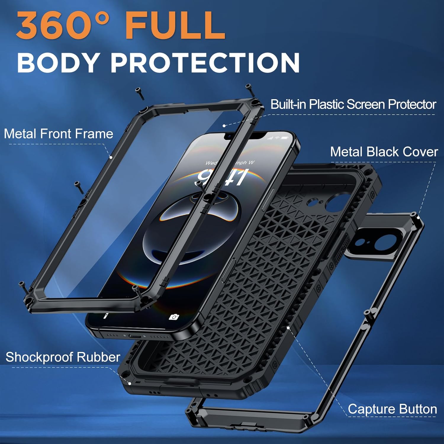 Beasyjoy for iPhone 16e Case Waterproof, Metal Heavy Duty Full Body Protective Case with Built-in Screen Protector, Military Grade Shockproof Defender Cover for iPhone 16e 6.1", Black - Image 5