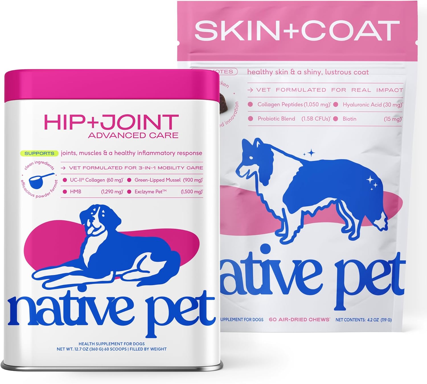 Native Pet Joint & Skin Wellness Pack: Hip & Joint Supplement for Dogs - Supports Cartilage, Muscles & Anti-Inflammatory & Omega Skin and Coat Chews Supplement for Dogs - 60 Count