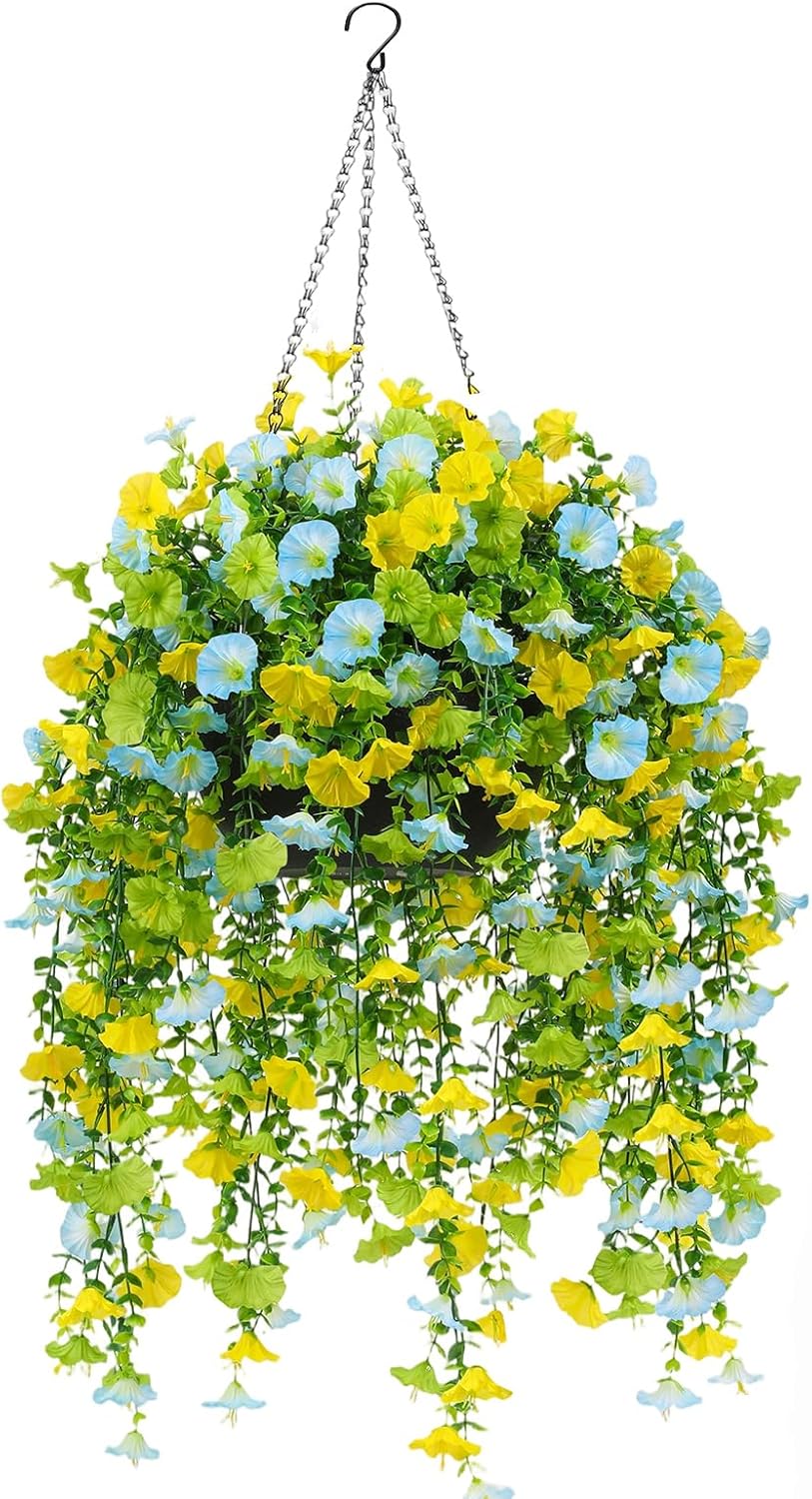 JAKY-Global Outdoor Artificial Hanging Plants with Basket, 2 Pack Faux Morning Glory & Petunia Cascading Flowers, UV Fade Resistant Porch Patio Yard Decor