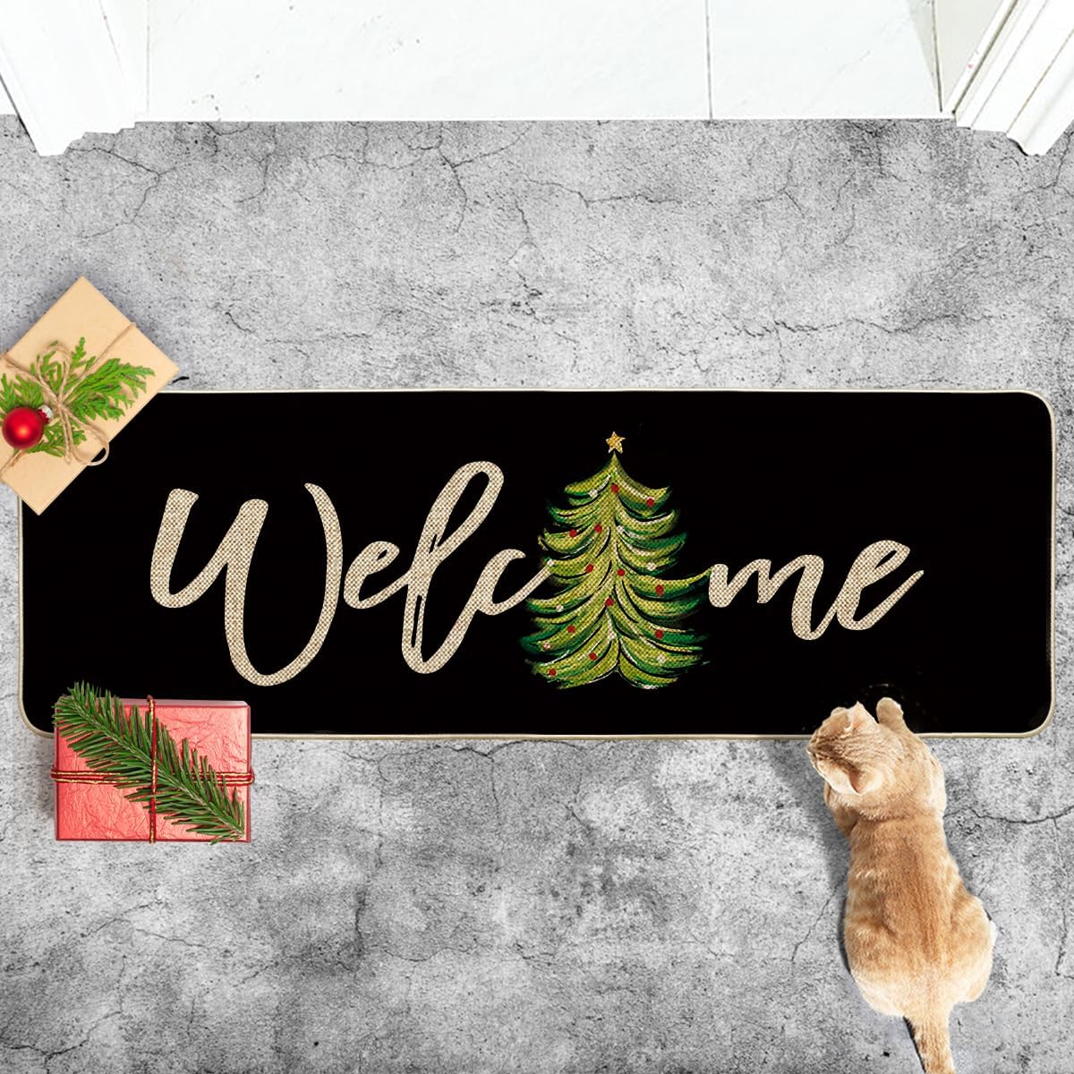 Artoid Mode Black Xmas Tree Christmas Welcome Doormat, Winter Home Decor Low-Profile Runner Rug Door Mat Floor Mat for Indoor Outdoor 24x72 Inch