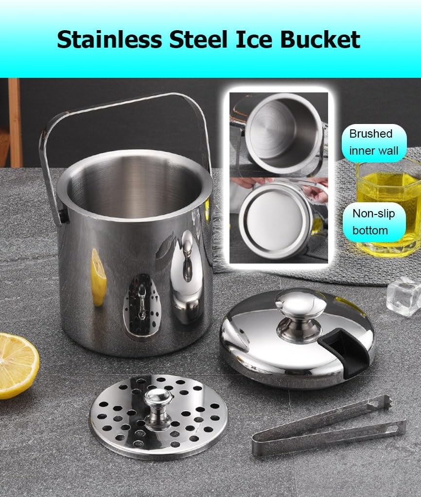 2 Pack 1.3/3 L Double-Layer Stainless Steel Ice Bucket for Ice Cubes, Ice Tub with Lid & Tongs & Strainer for Bar Home Parties(1.3L)