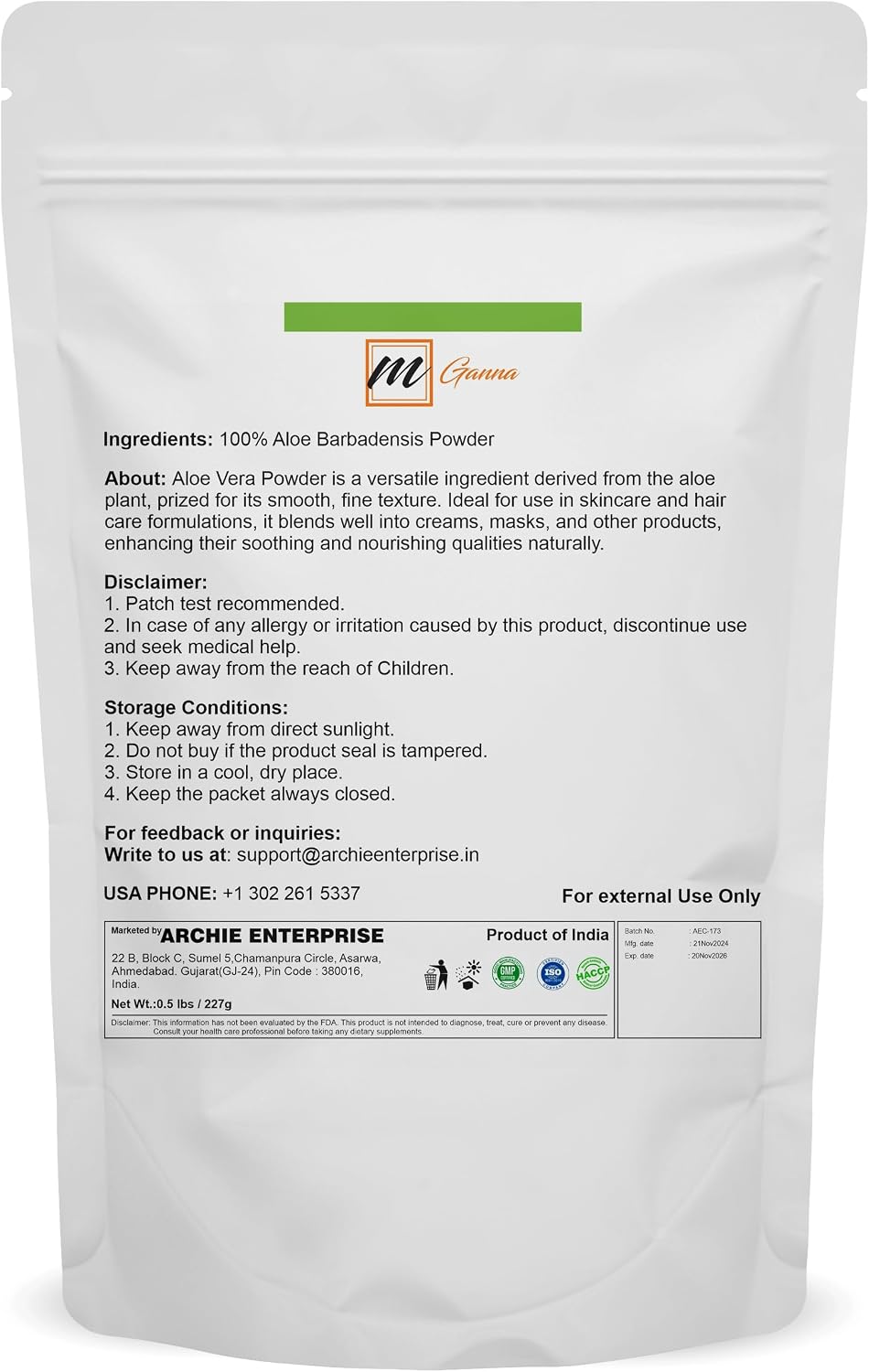 100% Natural Aloe Vera Leaf Powder Pure Aloe Barbadensis 0.22 LBS /100 Grams