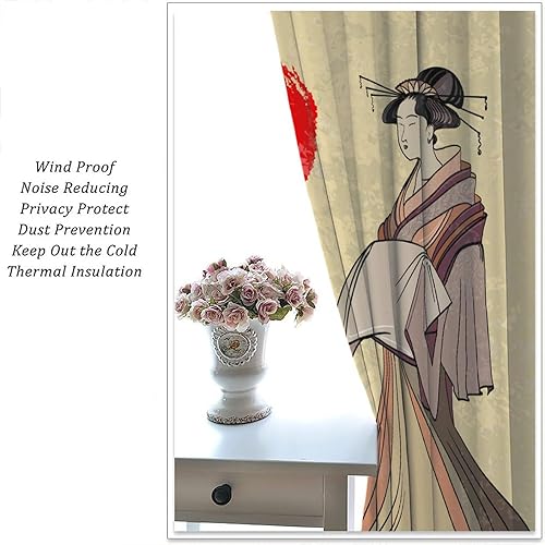 Miniatura 5 de Cortinas de estilo japonés, Kyoto Geisha Girls Asian Ink Painting - Cortinas de tela de poliéster con estampado de Japón antiguo para dormitorio,