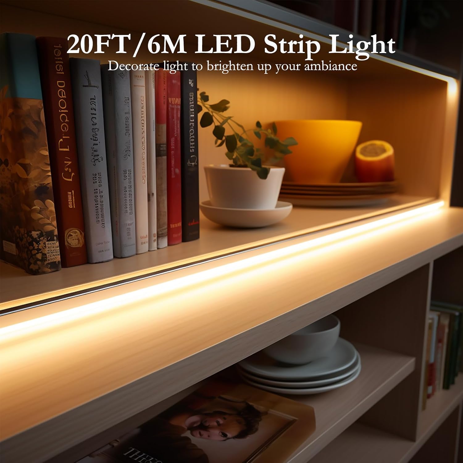 JOYLIT 12V COB LED Strip Lights 20FT/6M IP65 Waterproof 5000K Daylight White 320LEDs/M CRI 90+, Bright Uniform Spotless Dimmable Adhesive Tape Lights for Kitchen Cabinet, Counter, Shelf, Stair