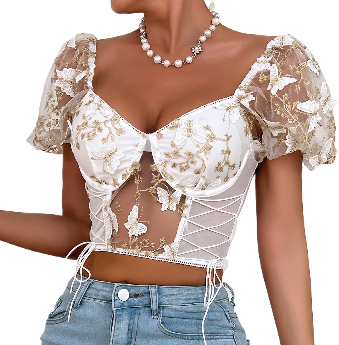 Women's Butterfly Embroidery Corset Crop Tops Mesh Puff Sleeve Bustier Top Side Lace Up T-Shirts