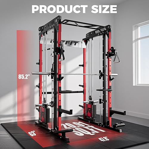 Miniatura 4 de RitFit M1 Pro Smith Machine Package, All-in-One Power Cage with Weight Stack Set, Includes LAT Pulldown & Cable Crossover System for Home Gyme Rojo
