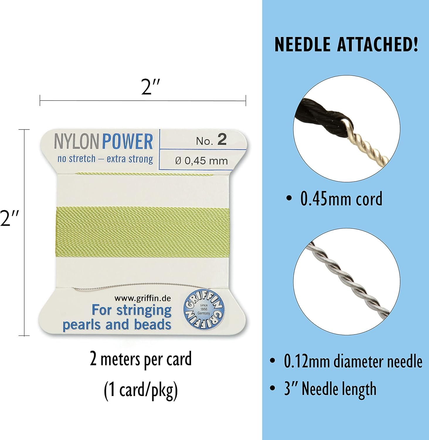 Griffin Bead Cord Nylon Jade #2 - Griffin NylonPower with Stainless Steel Needle Attached – for Knotting Pearls, Gemstones, Crystals and Beads