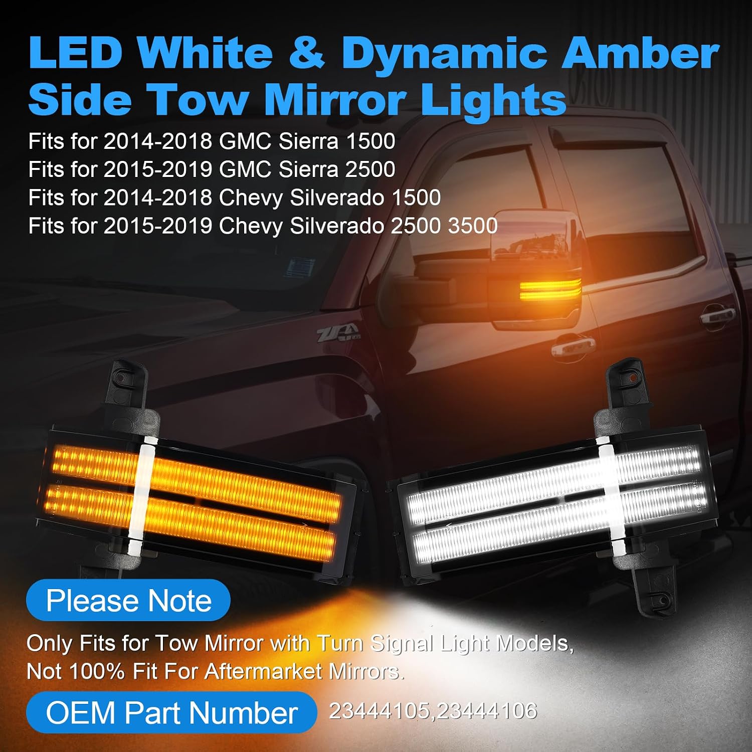 BORDAN 2Pcs Sequential LED Side Mirror Turn Signal Light for 2014-2019 Chevy Silverado GMC Sierra 1500 2500HD 3500HD, Side Marker Light Amber Dynamic Blinker White DRL Running Light Clear Lens