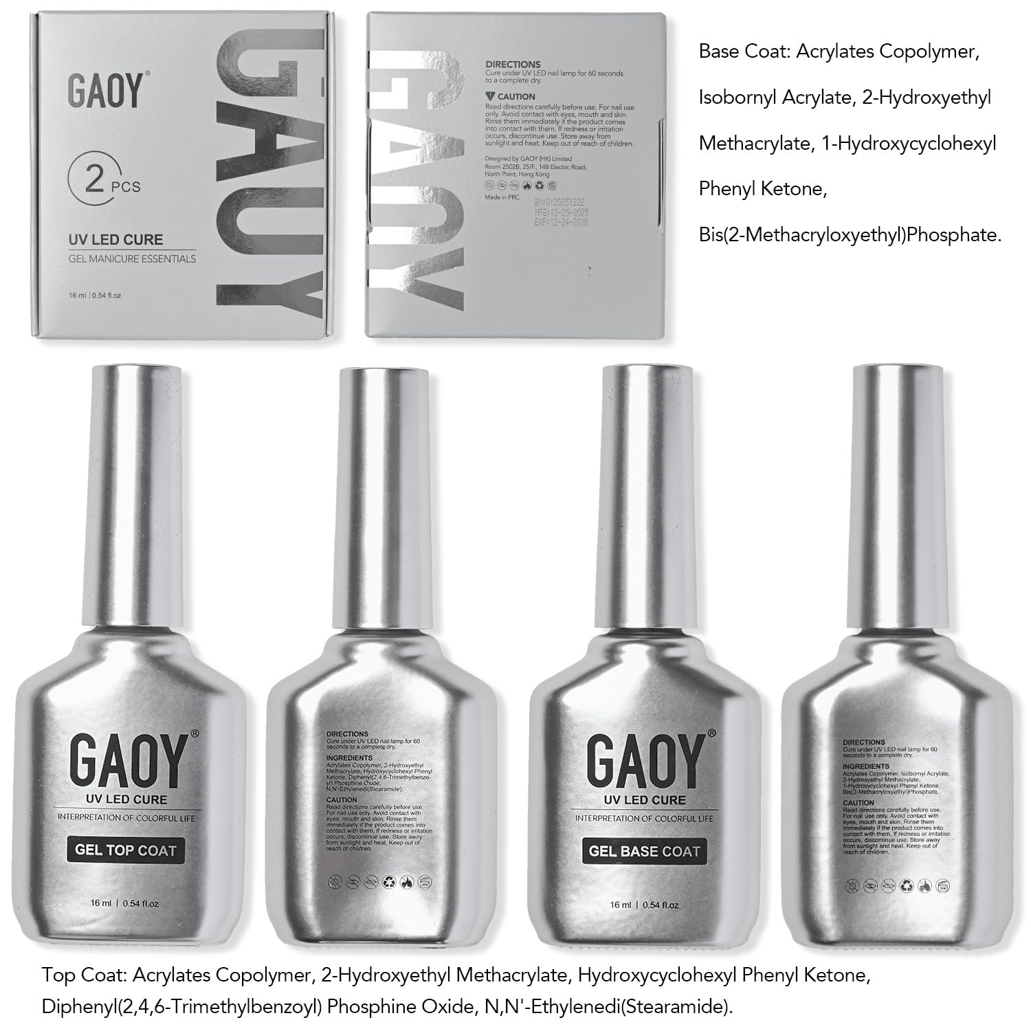 GAOY Lot de 2 couches de couche de finition et de base en gel verre, 16 ml, combinaison de fond de teint sans essuyage pour vernis à ongles UV Light Cure