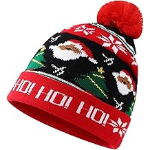 Christmas Hat - Unisex Knit Beanie with Pom Pom, Santa Claus Pattern, Holiday Winter Christmas Hat Knit Cap