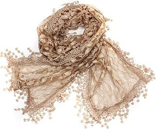 AN Beautiful Sheer Scarf Fashion Leafy Lace Scarf Womens With Tassels Beige