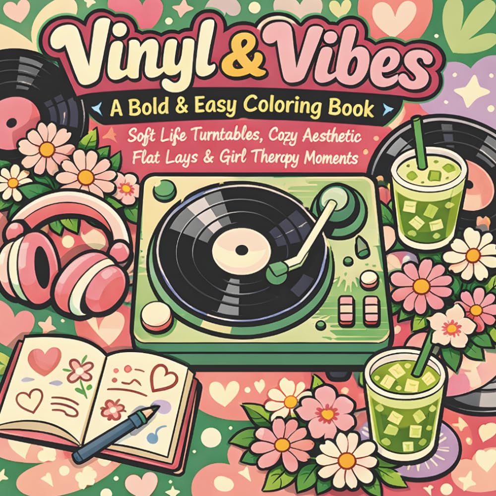Vinyl And Vibes A Bold And Easy Coloring Book: Soft Life Turntables, Cozy Aesthetic Flat Lays And Girl Therapy Moments